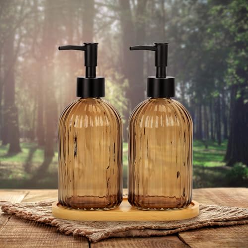 Glass Soap Dispenser Set with Wood Tray, Glass Soap Dispenser with Plastic Pump, Hand and Dish Set for Bathroom Decor (Amber)