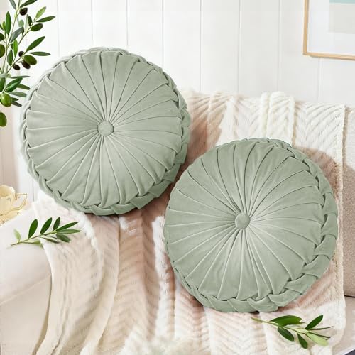 ROSE&RISY Round Pleated Velvet Throw Pillows, 2 Pack Decorative Accent Pumpkin Pillows Cushion for Couch Sofa Bed, Soft Plush Retro Vanity Throw Pillows for Home Decor, 14.5 Inch, Sage Green - color: Sage Green