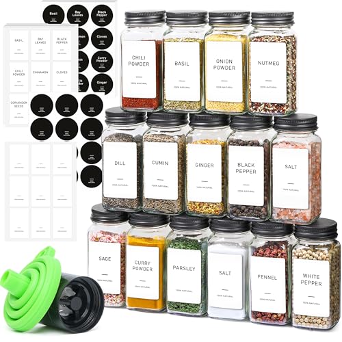 ComSaf 15Pcs 4oz Glass Spice Jars with Shaker Lids, 93 Labels, a Handy Funnel, a Pepper Grinder, Empty Spice Containers and Square Spice Bottles for Kitchen and Seasoning - color: 4oz*15 Metal Lids
