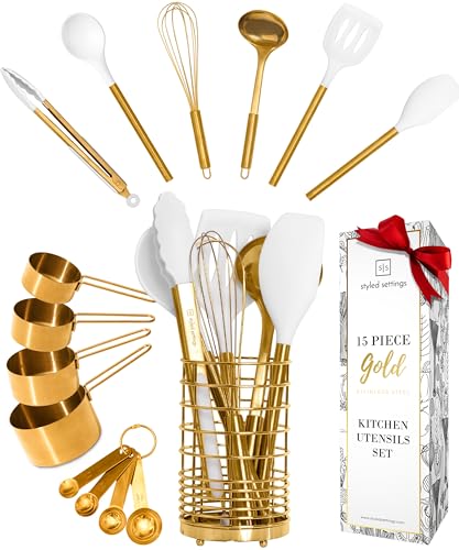 Styled Settings White and Gold Kitchen Utensils Set with Holder, 15-Piece | Nonstick BPA-Free Silicone Cooking Utensils with Measuring Cups and Spoons - Luxury Kitchen Accessories for Stylish Cooking - color: 15 Piece White & Gold