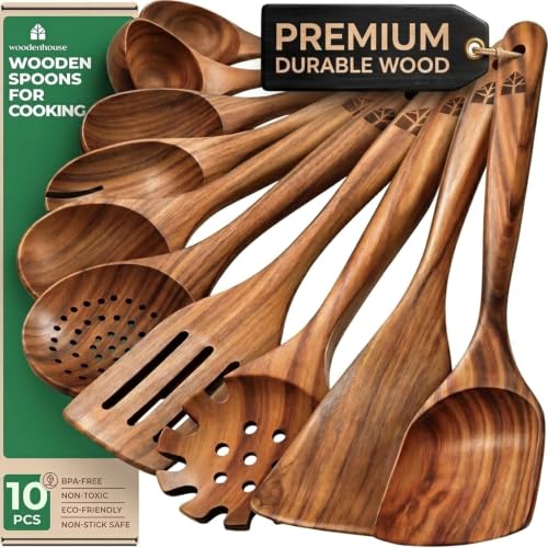 Wooden Spoons for Cooking, 10 Pcs Teak Wood Utensil Set for Nonstick | Durable, Heat Resistant & Food-Safe with Ergonomic Handles – Woodenhouse Kitchen Cookware - size: 10 Piece Set