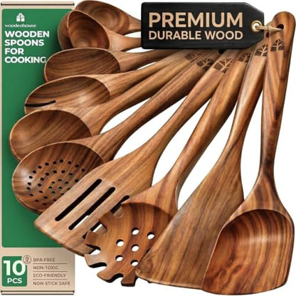 Wooden Spoons for Cooking, 10 Pcs Teak Wood Utensil Set for Nonstick | Durable, Heat Resistant & Food-Safe with Ergonomic Handles – Woodenhouse Kitchen Cookware - size: 10 Piece Set