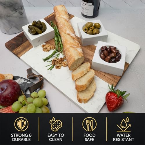HomeWetBar Personalized Charcuterie Board Gift Set | Custom 15.75" x 11.75" White Marble & Acacia Wood Cheese Board with Serving Bowls | Perfect Housewarming + Wedding + Couples Gift Idea - style: Winslow White Marble Board + Serving Bowls