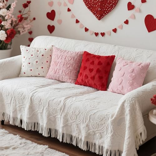 Tiamon 4 Pcs Valentines Throw Pillow Covers 18 x 18 Inch 3D Embroidered Plush Pink Red Hearts Pillow Cases Valentine's Day Love Fluffy Faux Fur Cushion Covers for Sofa Couch Wedding Anniversary Party - style: Valentines
