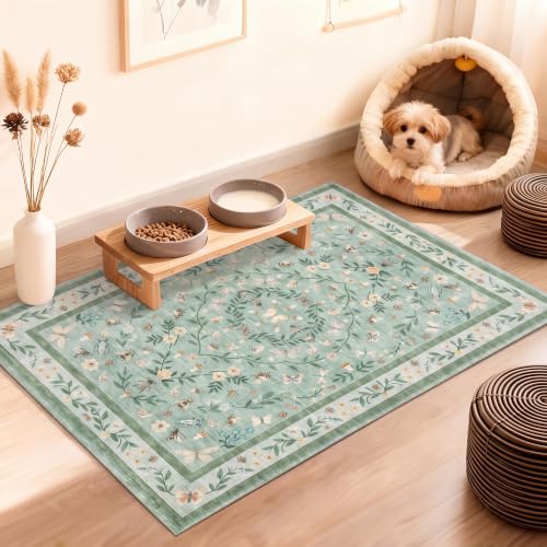 GarveeHome 2x3 Washable Entry Rug Non Slip Bug Rug Foldable Floral Carpet | Vintage Low Pile Small Doormat Foldable Stain Resistant Soft Indoor Area Rug for Bedroom Laundry Room Hallway Kitchen, Green - color: Green, size: 2'x3' (Rectangular)