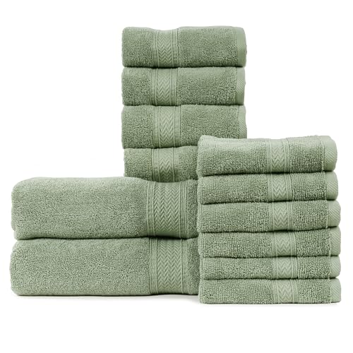 HILLFAIR 12-Piece Cotton Bath Towel Set - 600 GSM - Hotel Spa Towels - 2 Bath, 4 Hand, 6 Washcloths - Absorbent Soft Cotton - Sage - color: Sage, size: 12 Piece Towel Set