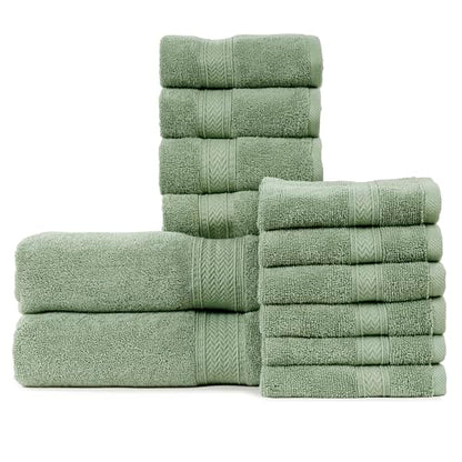 HILLFAIR 12-Piece Cotton Bath Towel Set - 600 GSM - Hotel Spa Towels - 2 Bath, 4 Hand, 6 Washcloths - Absorbent Soft Cotton - Sage - color: Sage, size: 12 Piece Towel Set