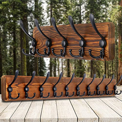 SKOLOO Rustic Coat Rack Wall Mount, 16" Stud Spacing, Solid Wood, Brown | Farmhouse style, 5 Triple Hooks, 100lbs capacity, for backpack jacket coat hat, wall mount, hardware included,rustproof hooks - color: Brown Plate & Black Hook, size: 1 Item-5 Hooks