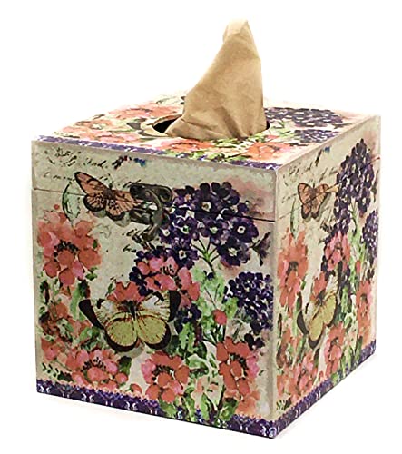 Bellaa Decorative Tissue Box Cover - Vintage Antique Tissue Holder Square - Wood PU Leather Box Cover - Bathroom Bedroom Tissue Dispenser Organizer 6x6 Inch - Butterfly - 28311