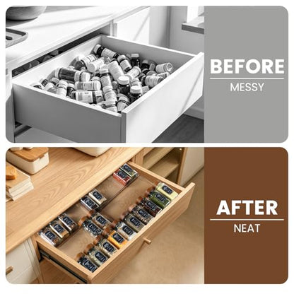 2 Pack Spice Rack with 24 Spice Jars, 4OZ Wood Lid Spice Containers with Expandable Spice Organizer Shelf, Spice Labels, Pepper Grinder Lids, Chalk Marker & Funnel Set for Drawer Kitchen Countertop