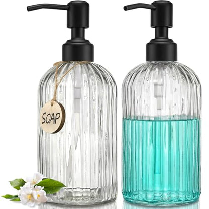 JASAI 2PACK 18Oz Simple Glass Soap Dispensers with Black Rust Proof Pump | Refillable Kitchen soap Dispenser with Vertical Stripe, Bathroom Soap Dispenser for Bathroom Hand soap, Dish Soap, Lotion - color: Clear-black Pump-2p, size: 2 Pack