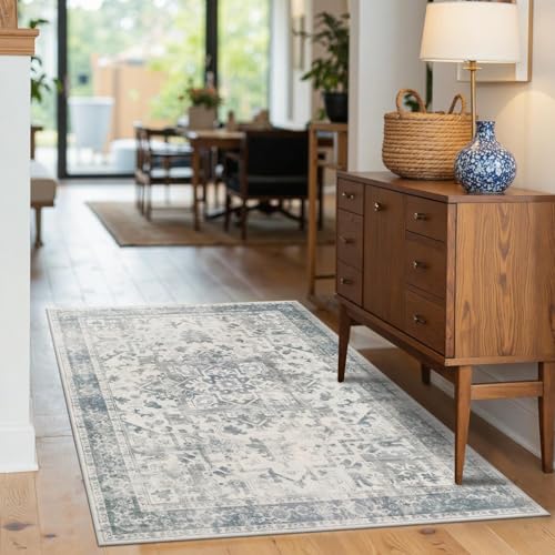 3x5 Entryway Rug,Blue Vintage Boho Bedroom Area Rug | Machine Washable, Non-Slip, Stain Resistant Low Pile Vintage Carpet with Rubber Backing for Dining Room Kitchen Home Decor - color: Blue & Grey, size: 3' x 5' (Rectangular)