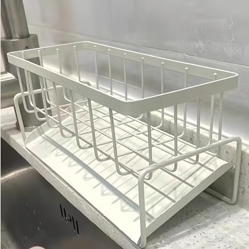 Carbon Steel Kitchen Sink Caddy, Sponge Holder Self Drain Soap Dish with Detachable Dishcloth Rack for Kitchen Countertop Organizer, White - color: White