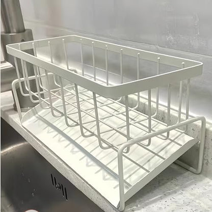 Carbon Steel Kitchen Sink Caddy, Sponge Holder Self Drain Soap Dish with Detachable Dishcloth Rack for Kitchen Countertop Organizer, White - color: White