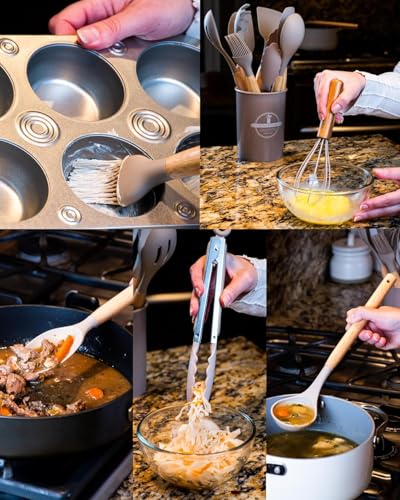Silicone Cooking Utensils Kitchen Utensil Set - 446°F Heat Resistant Silicone Kitchen Utensils Set, Spatula,Turner Tongs, Spoon, Brush, Whisk,Kitchen Gadgets for Nonstick Cookware, BPA Free (Beige) - color: Beige