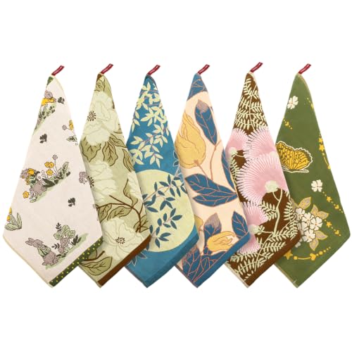 6 Pack Boho Floral Kitchen Dish Towels 100% Cotton Thick 4 Layer | Absorbent Cleaning Cloths Double Sided Quick Drying Reusable Hand Towels with Hanging Loop for Kitchen Drying