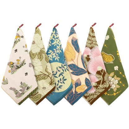 6 Pack Boho Floral Kitchen Dish Towels 100% Cotton Thick 4 Layer | Absorbent Cleaning Cloths Double Sided Quick Drying Reusable Hand Towels with Hanging Loop for Kitchen Drying