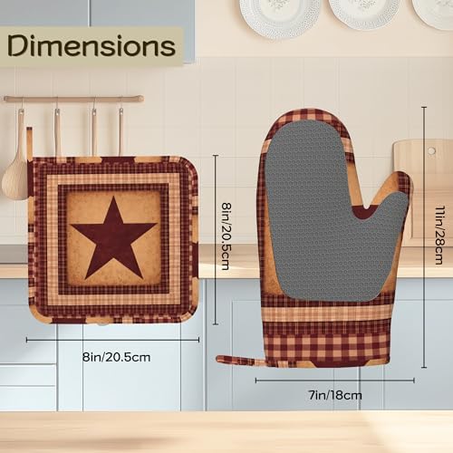 Red Plaid Western Star Oven Mitts and Pot Holders Sets Silicone Kitchen Mitts Potholders Heat Resistant 4Pcs Oven Gloves Hot Pads for Kitchen Baking Cooking - color: Red Plaid Western Star