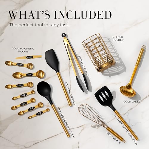 Styled Settings Black and Gold Kitchen Utensils Set, 15-Piece | Nonstick BPA-Free Silicone Coooking Utensils, Gold Utensil Holder, & Magnetic Measuring Spoons - Stylish Kitchen Accessories - color: 15 Piece Black & Dark Gold