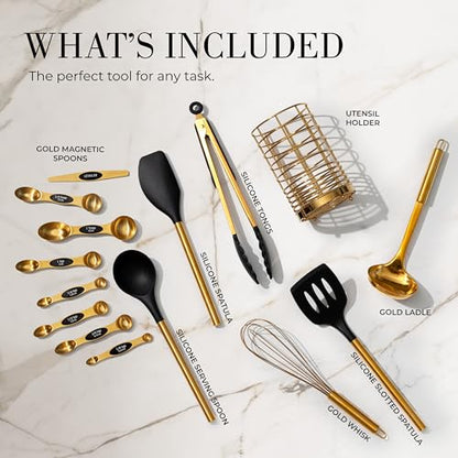 Styled Settings Black and Gold Kitchen Utensils Set, 15-Piece | Nonstick BPA-Free Silicone Coooking Utensils, Gold Utensil Holder, & Magnetic Measuring Spoons - Stylish Kitchen Accessories - color: 15 Piece Black & Dark Gold