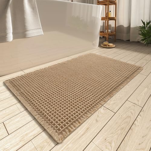 AMOAMI Upgraded Waffle Bath Mat, Super Absorbent Non Slip Bath Mats for Bathroom Floor, Machine Washable Bathroom Rugs with Tassels, Rubber Backed Bathroom Mats, Ultra Soft, 17" x 24", Brown - color: Brown, size: 1'5" x 2' (Rectangular)