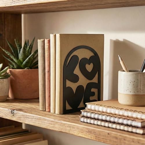 Decorative Book Ends, 2 Pcs Love Decor Metal Bookends Rectangular Black Bookends for Shelf Decoration and Book Organization - style: Love
