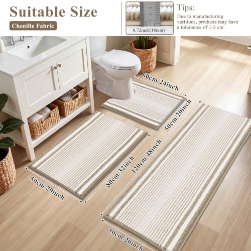 HEBE Chenille Bathroom Rugs Sets 3 Piece, Non Slip Washable Bath Mats Set | Absorbent Bathroom Mat Set, Soft Bath Rugs, Ultra Plush Bath Mat and U-Shaped Contour Toilet Rug Set for Tub Shower, Beige - color: Beige