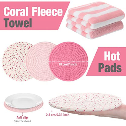 Zubebe Pink Oven Mitts and Pot Holders with Kitchen Towels Set of 7, Valentine's Day Gift for Women Heat Resistant Oven Gloves Kitchen Hand Towels Hot Pads for Cooking Baking(Plaid) - style: Plaid