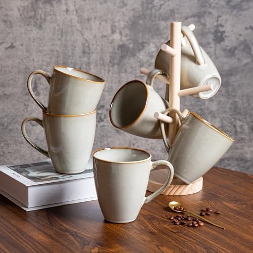 MONITO 17oz Ceramic Coffee Mugs Set of 6, GrayYellow Large Mugs with Handle | Mugs with Gold Rim for Latte,Tea&Cocoa,Dishwasher&Microwave Safe,Reactive Glaze Cups,Ideal Gift for Office and Home Use - color: Gray-yellow（17oz）