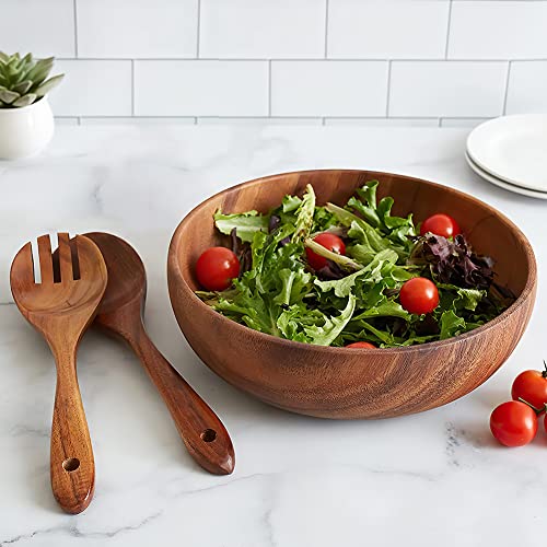AOOSY Acacia Wood Salad Bowl Set of 3, 9Inch Handmade Wooden Salad Bowl | with Serving Spoon & Fork, Salad Mixing & Serving Set - size: 9inchX2.78inch