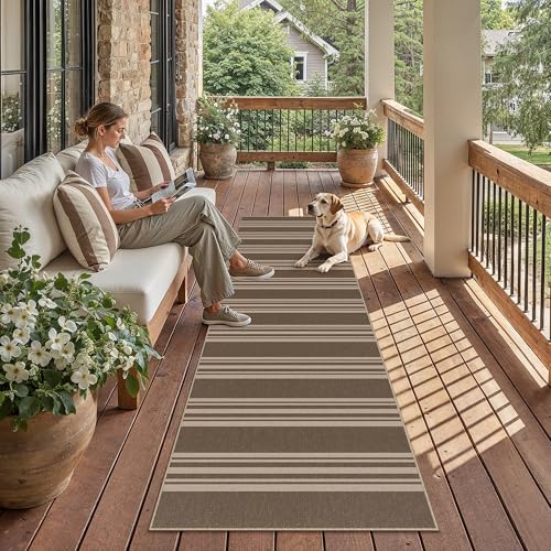 Washable Kitchen Runner Rug 2x8 Striped Jute Look Non Slip | 2'6"x8 Brown Stripe Farmhouse Design, Indoor Outdoor Hallway Runner for Entryway, Laundry Room and Kitchen, Non Shedding - color: Brown/Striped, size: 2'6" x 8' (Rectangular)