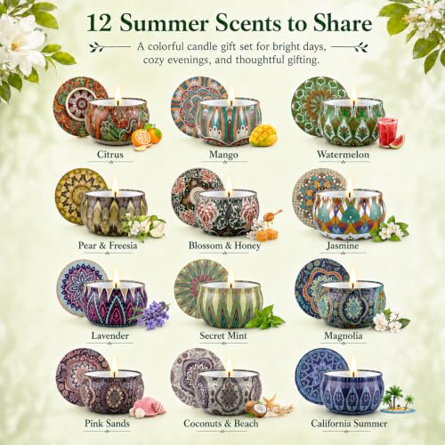 Scented Candles Gift Set, 12 Pack Soy Wax Aromatherapy Candles | 12 Summer Scents, Travel Tin Design, Gift Box Included, Home Fragrance, Spa Relaxation, Self Care, Birthday & Women Gifts - color: Scented Candles-12 Pack