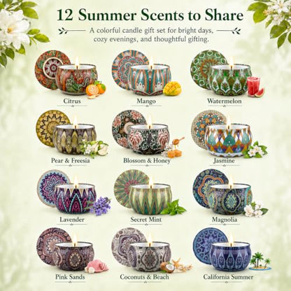 Scented Candles Gift Set, 12 Pack Soy Wax Aromatherapy Candles | 12 Summer Scents, Travel Tin Design, Gift Box Included, Home Fragrance, Spa Relaxation, Self Care, Birthday & Women Gifts - color: Scented Candles-12 Pack