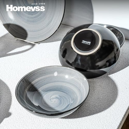 HomeVss, Sonoma Stoneware Dinnerware Set, Outside Black + Inside Hand Painting Color (16pc Set, Grey) - color: Gray