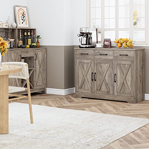 HOSTACK Kitchen Buffet Cabinet with Storage, Sideboard Coffee Bar, Grey | Farmhouse Kitchen Storage Cabinet with 3 Drawers & Adjustable Shelf, 42.5"W Buffet Table for Dining Living Room, White - color: Ash Grey