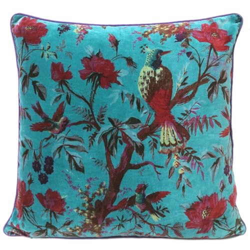 Velvet Floral Flower Bird Throw Pillow Sofa Cushion Cover Case Couch Colorful Boho Chic Bohemian Accent Indian Handmade (Teal, 16" x 16") - color: Teal, size: 16" x 16" (Pack of 1)