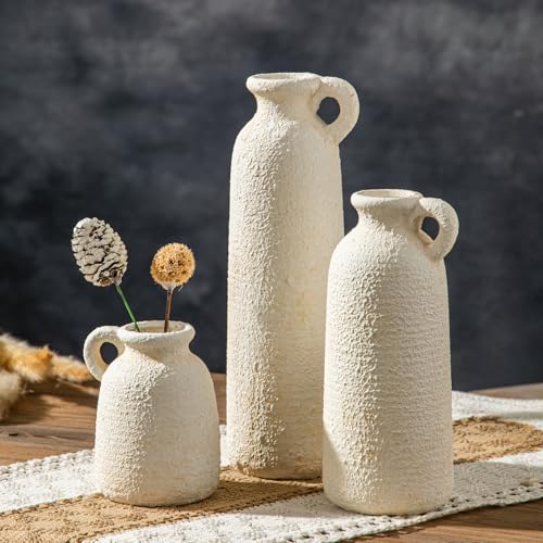 White Ceramic Vase Set of 3, Modern Rustic Flower Vases, Matte White Bohemian Decor, Farmhouse Home Decor for Living Room Kitchen Table Centerpieces Bedroom Shelf - color: Rustic White