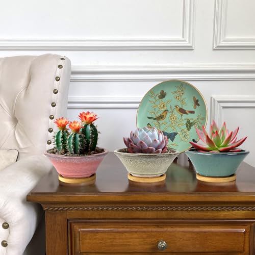 6 Inch Glazed Terracotta Succulent Pot Planter Small Plant Pot with Drainage Hole and Bamboo Saucer Cactus Ceramic Pot Set of 3 (Light Green Pink White)
