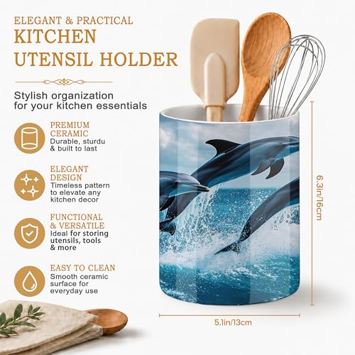 Utensil Holder for Countertop,Dolphins in Ocean Ceramic Utensil Crock Organizer for Home Kitchen Spoons,Spatulas and Cooking Tools - color: Dolphins in Ocean