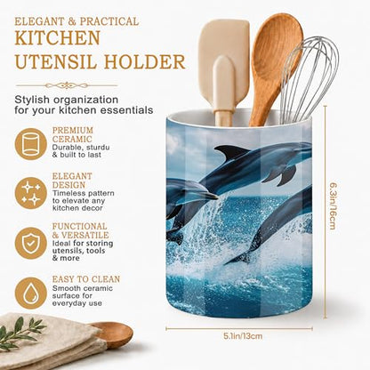 Utensil Holder for Countertop,Dolphins in Ocean Ceramic Utensil Crock Organizer for Home Kitchen Spoons,Spatulas and Cooking Tools - color: Dolphins in Ocean