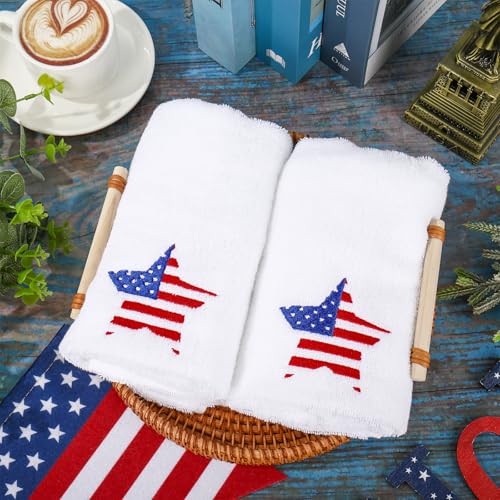 JarThenaAMCS 2Pcs Patriotic Hand Towels 4th of July Embroidered American Flag Star Cotton Bathroom Towel Independence Day 250th Anniversary Dish Towel for Drying Cleaning Cooking
