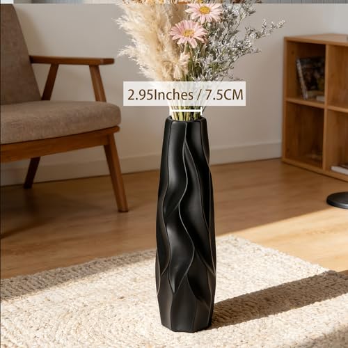 Black Tall Ceramic Floor Vase, 15.7 Inch, Pleated Wave Design | Matte Finish, Narrow Corners, Entryway, Bedroom, Compact Spaces - size: 15.7 Inch