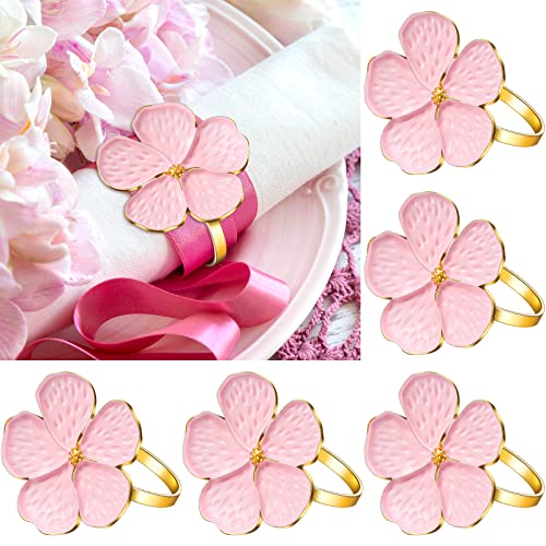 Patelai 12 Pcs Pink Gold Flower Napkin Rings Holders for Wedding | Decorative Metal Serviette Holders, Elegant Floral, Banquet Dinner Table Decor, for Christmas Baby Shower Birthday Fall Party