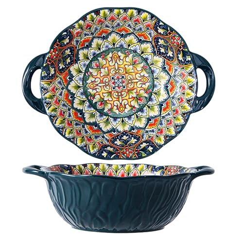 2 Pack Boho Ceramic Serving Bowls with Handles, 40 Oz Porcelain Salad Bowls, Large Serving Dishes for Entertaining, Mixing Bowls for Soup, Stew, Pasta, Cereal, Colorful Embossed Cute Bowls Set BLDS - color: Green
