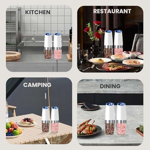 Battery Operated Salt And Pepper Grinder Set 2 Pack (White) | Gravity-Activated Automatic Grinder With Led Light & Adjustable Coarseness, Each Uses 6 Aaa Batteries,Kitchen Daily Seasoning - color: Battery/2pcs/White