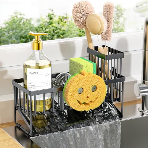Cisily Kitchen Sink Caddy Organzier with High Brush Holder, Sponge Holder for Sink, 304 Rustproof Stainless, Kitchen Countertop Soap Dispenser Organizer (Black With Smiley Face Holder, 9.25″) - color: Black With Smiley Face Holder, size: 9.25″