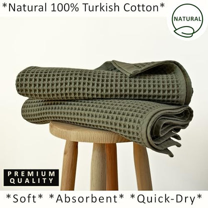 PÜSKÜL 2-Piece Natural 100% Turkish Cotton Waffle Bath Towels Extra-Large | Khaki Green 32x63" Bath Sheet Towel Light Soft Absorbent Quick-Dry Lint-Free Premium Honeycomb Weave Oeko-Tex Made in Turkiye - color: Khaki Green