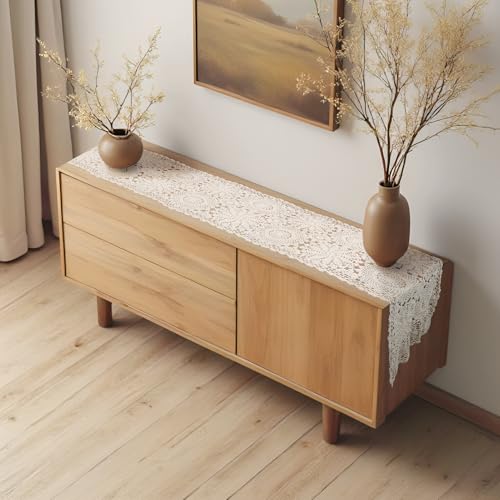 kilofly Handmade Crochet Cotton Rectangular Table Runner, 15 x 79 inch, Beige - color: Beige, size: 15 x 79 Inch