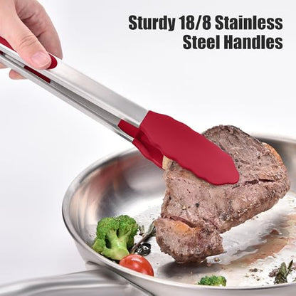 Doosu 7+9+12in Kitchen Tongs for Cooking - 600°F Heat Resistant Food Tongs with Non-Scratch Silicone Tips & 600°F Heat Resistant Silicone Large Spatula Scraper BPA Free Seamless Baking Supplies (Red)
