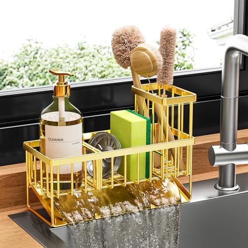 Cisily Gold Kitchen Sink Caddy Organzier with High Brush Holder, Sponge Holder for Sink, 304 Rustproof Stainless, Kitchen Countertop Soap Dispenser Organizer, Home Decor and Accessories - color: Gold, size: 9.25″
